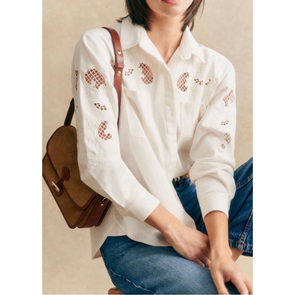 SEZANE NWT Ecru Floral Embroidered Cut Out Oversized Button Down Naora Shirt - Picture 17 of 17